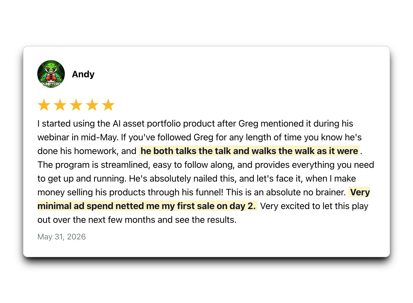 Five-star review: minimal ad spend netted my first sale on day 2