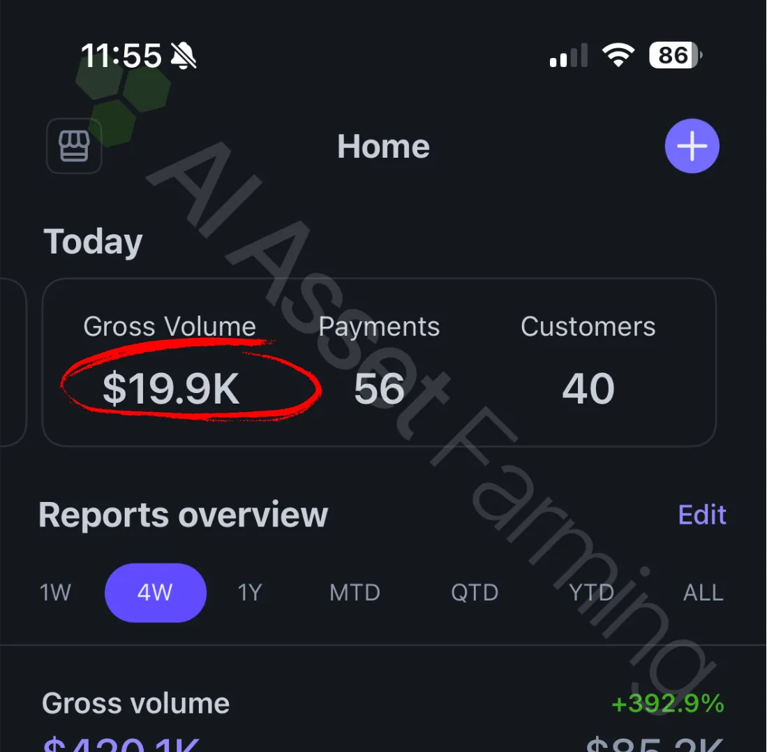 Stripe mobile - $19.9K gross volume today, 56 payments, 40 customers