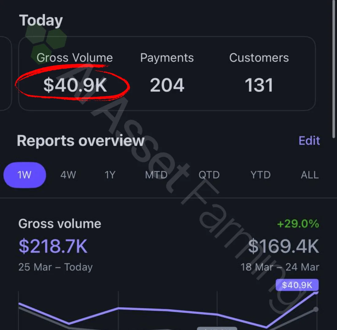 Stripe report - $40.9K today, $218.7K weekly gross volume